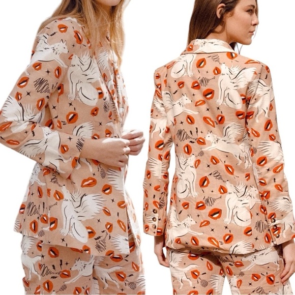 LAS SURENAS Wolf Kisses Lip Amore Print Single Button Linen Loose Fit Blazer - Picture 9 of 16